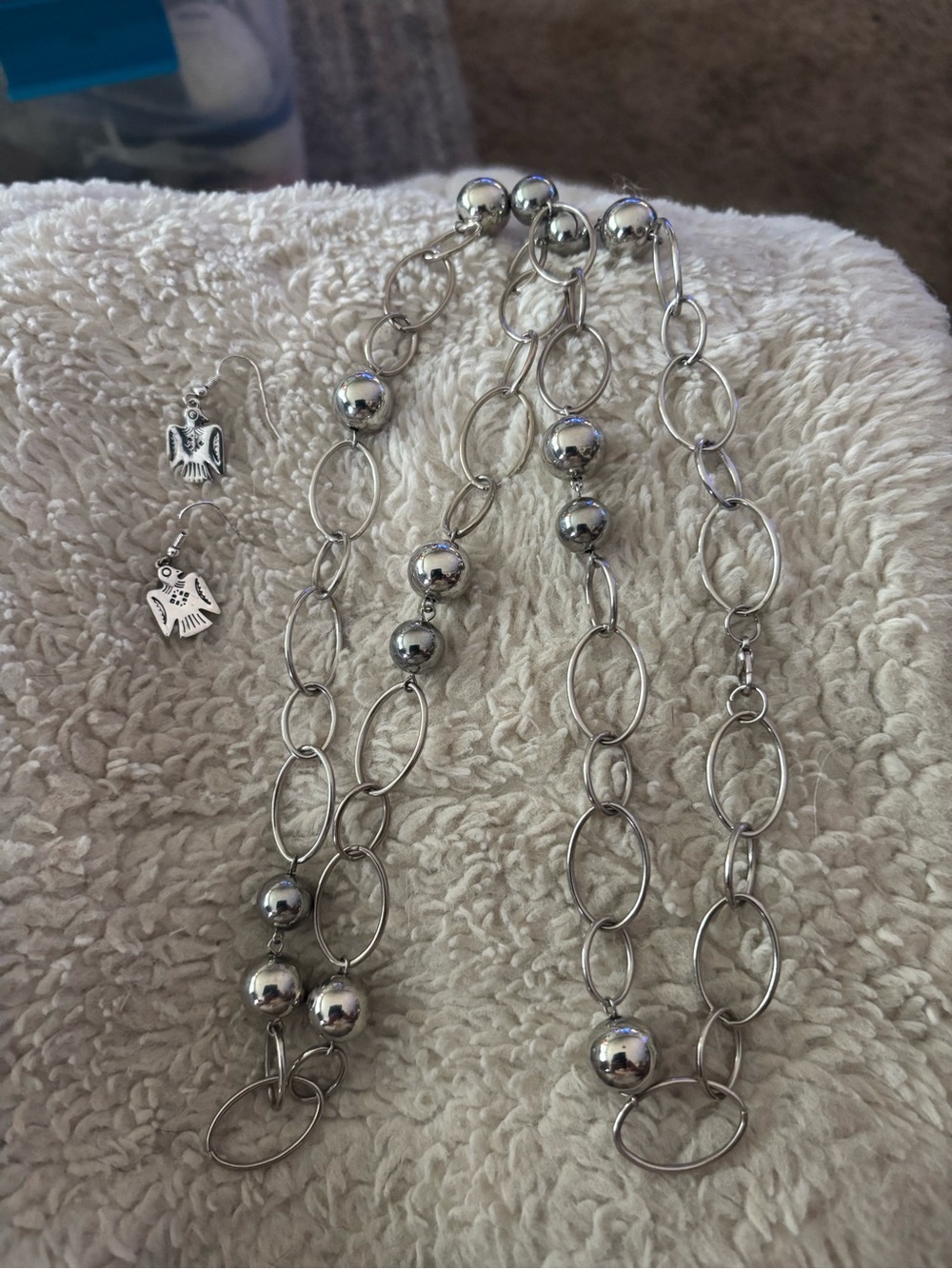 Silver-Tone Beaded Link Necklace with Bird Charm Earrings